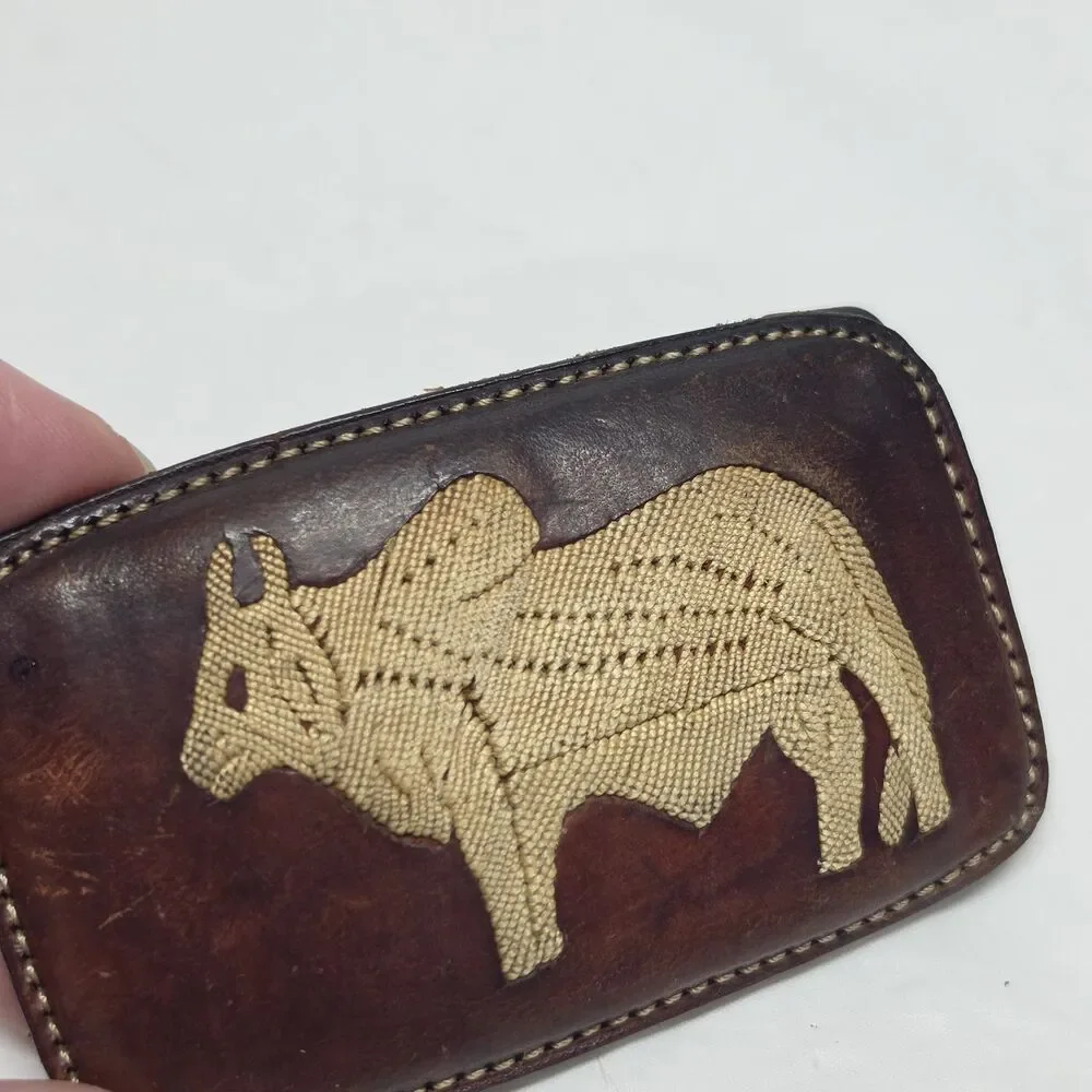 Vintage Unique Brahma Bull Western Belt Buckle Leather with Stitching Embroidery